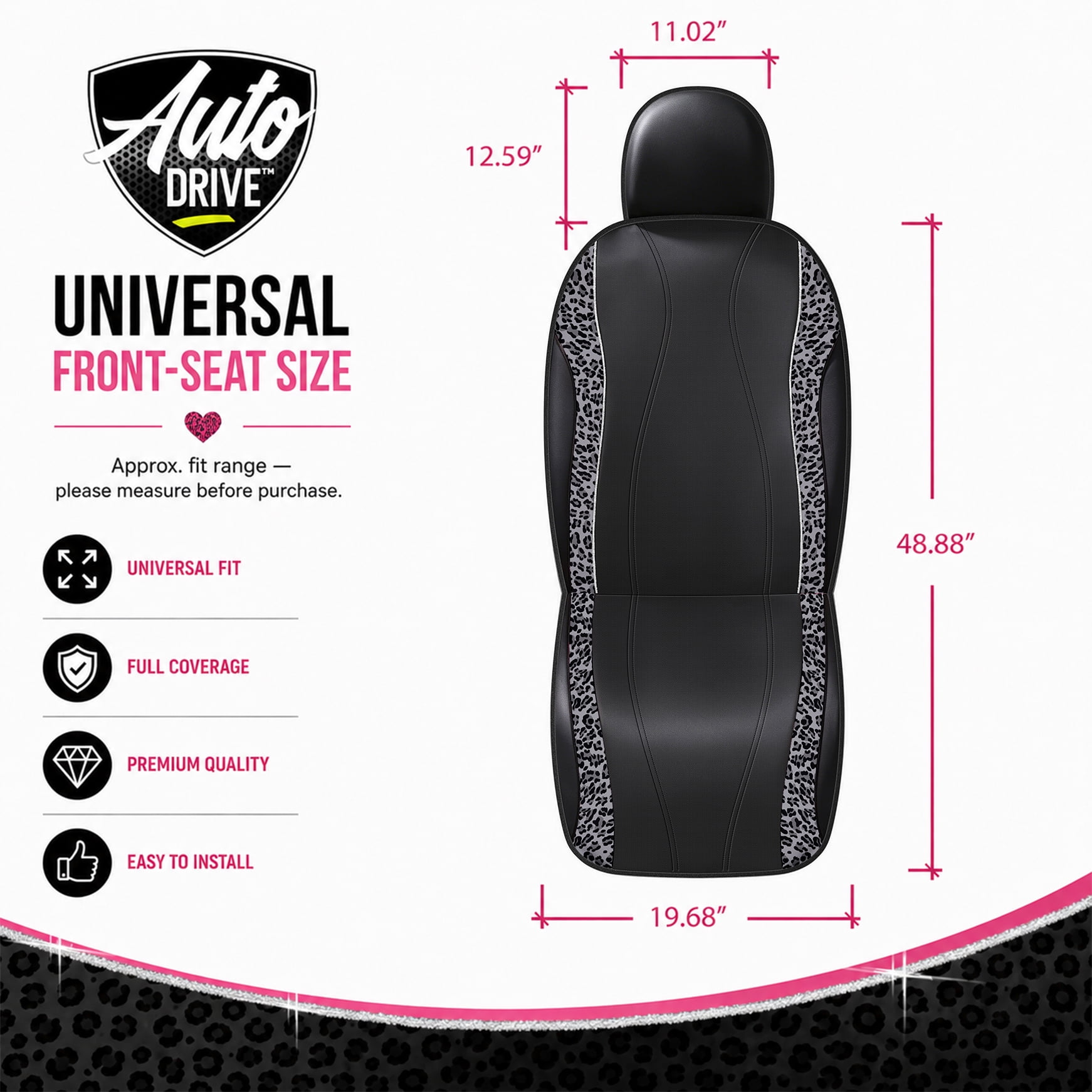 Auto Drive Car Seat Covers , Fashion Seat Covers,Leopard Print & Rhinestone Trim Front Seat Covers, Universal Fit, Airbag Compatible for Cars, SUVs and Trucks,Black