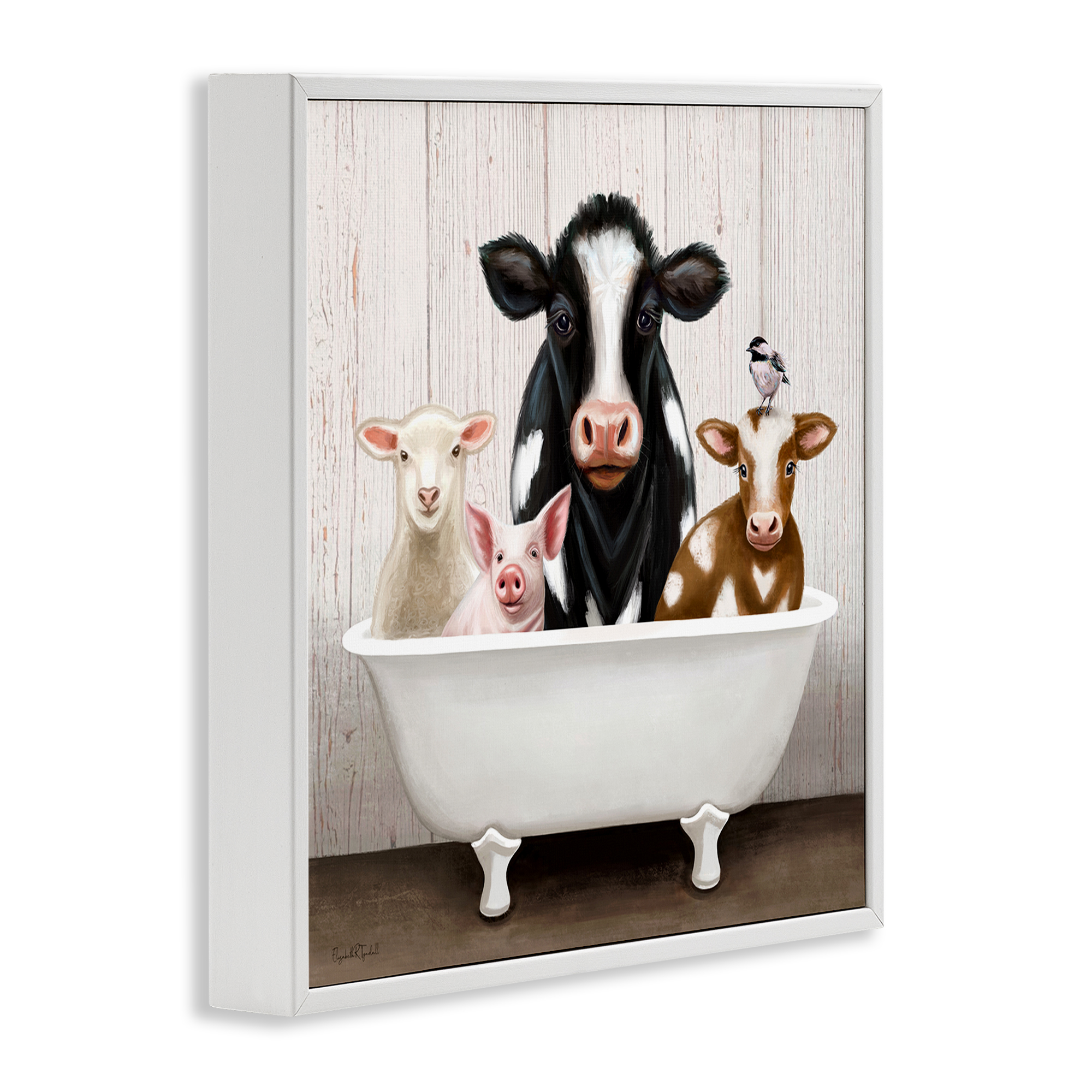 Country Animals Farmhouse Claw Bathtub White Framed Giclee Art, 17 x 17