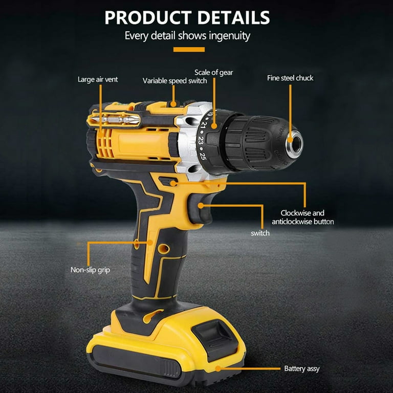 Cordless Electric Drill Driver 21V Cordless Drill with Dual Battery and  Charger