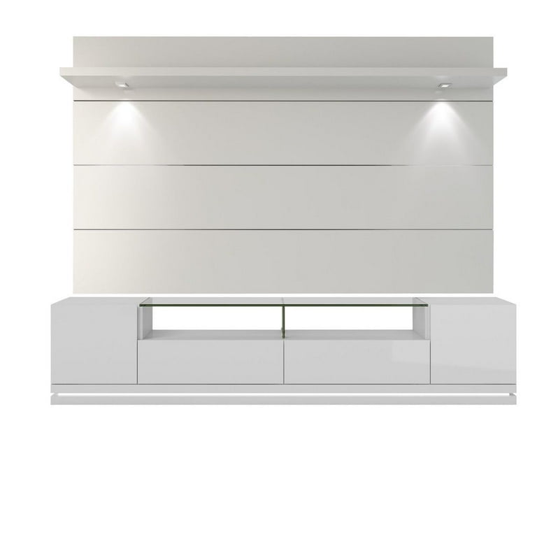 Manhattan Comfort Vanderbilt TV Stand and Cabrini 2.2 Floating Wall TV Panel with LED Lights in White Gloss