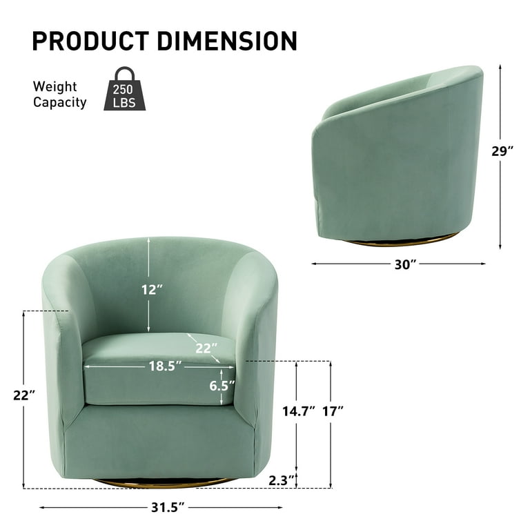 Velvet Swivel Barrel Chair Set of 2 Wood Frame Metal Base Upholstered Club Accent Armchair Sage