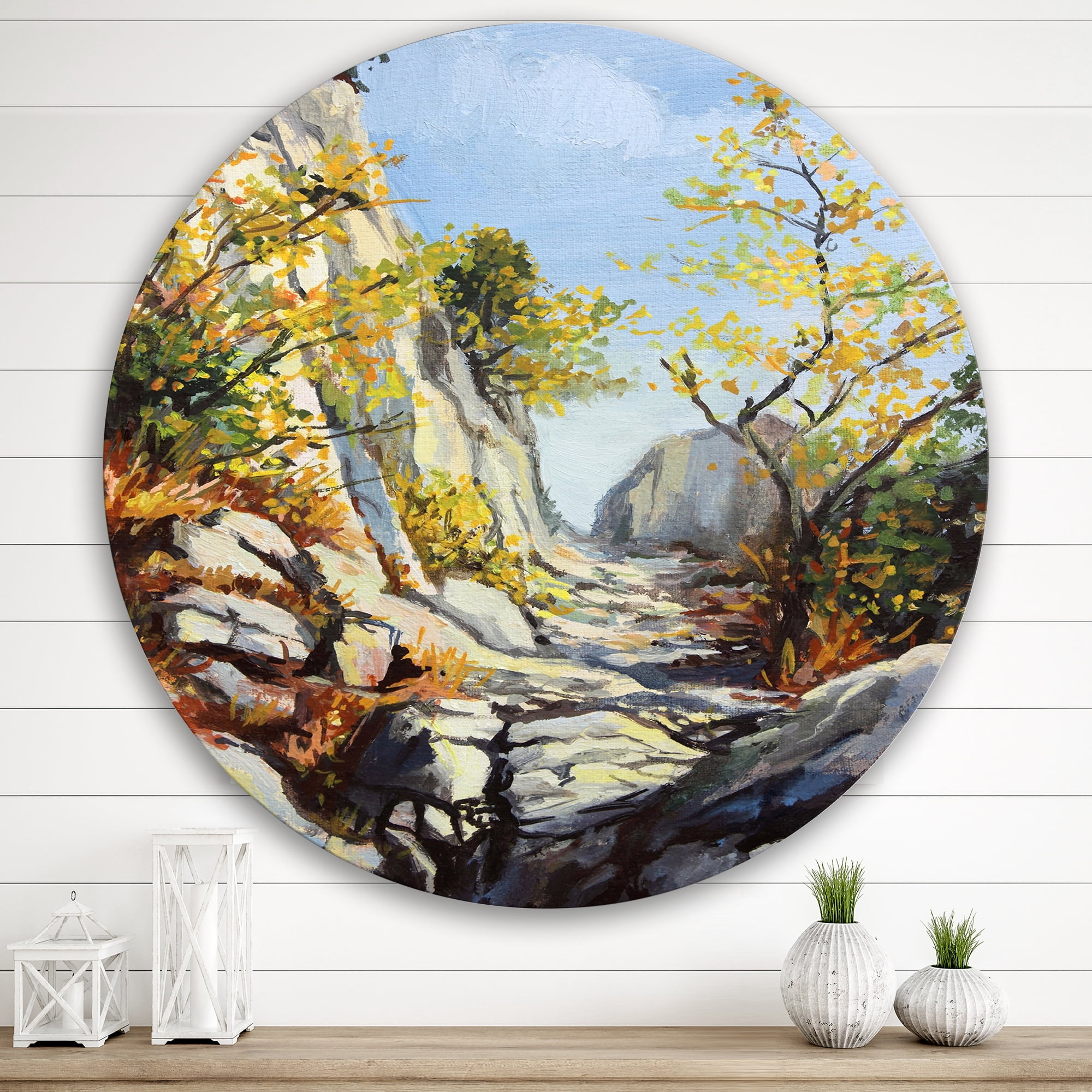 Designart 'Marble Path In Autumn Mountain' Traditional Circle Metal Wall Art 36x36 - Disc of 36