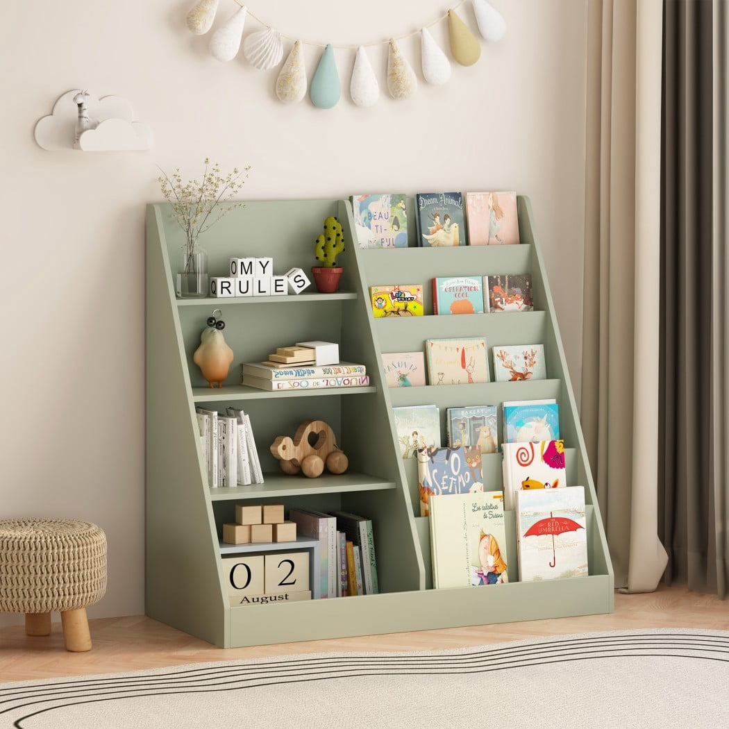Kids Bookshelf and Toy Storage Organizer, Wooden Kids Bookcase with Multi-Level Shelves & Toy Storage, Children's Book Display Stand for Playroom, Nursery & Kids Room, Sage