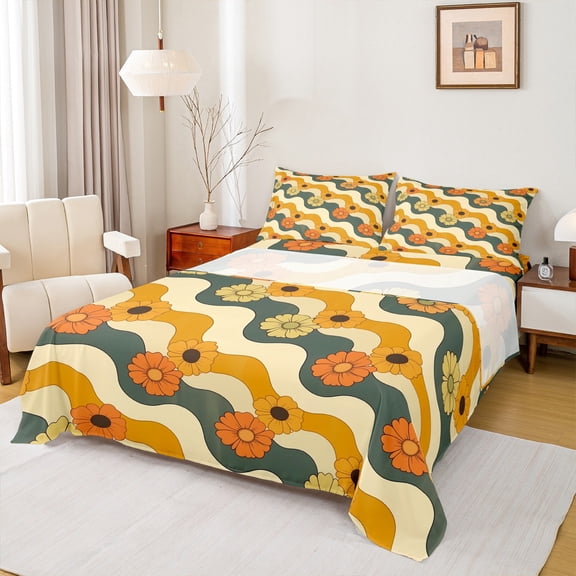 Manfei Colorful Flower Floral Twin Sheet Sets,Cute Cartoon Daisy Twin Fitted Sheet,Geometric Waves Stripe Flat Sheet For Kids,Super Cozy Room Decor,3pcs