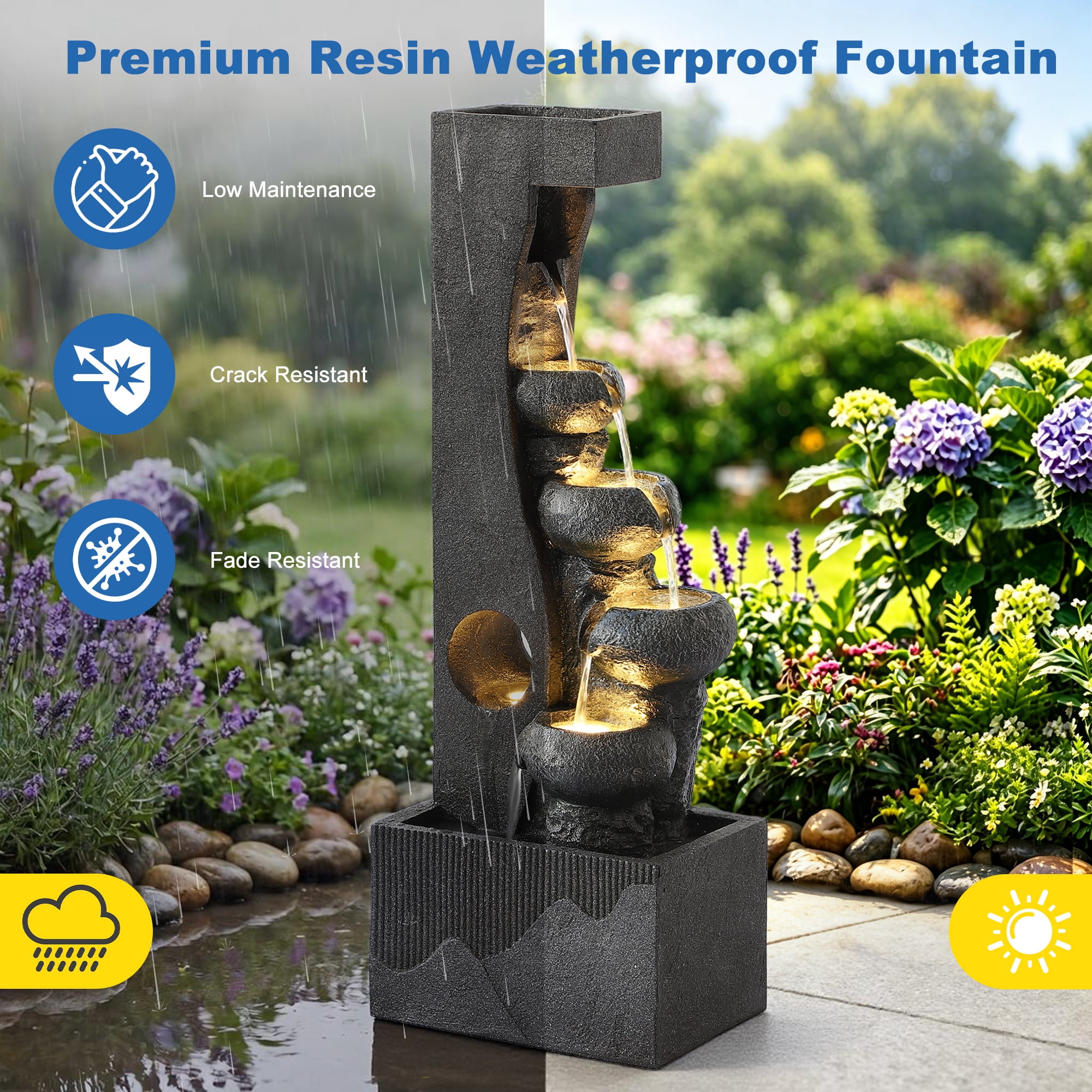 Magic Union 4-Tier Outdoor Water Fountain with LED Lights, 39.2" Tall Resin Cascading Waterfall Fountain with Planter Areas, Modern Calming Water Feature for Patio Balcony Deck Garden Yard Decor