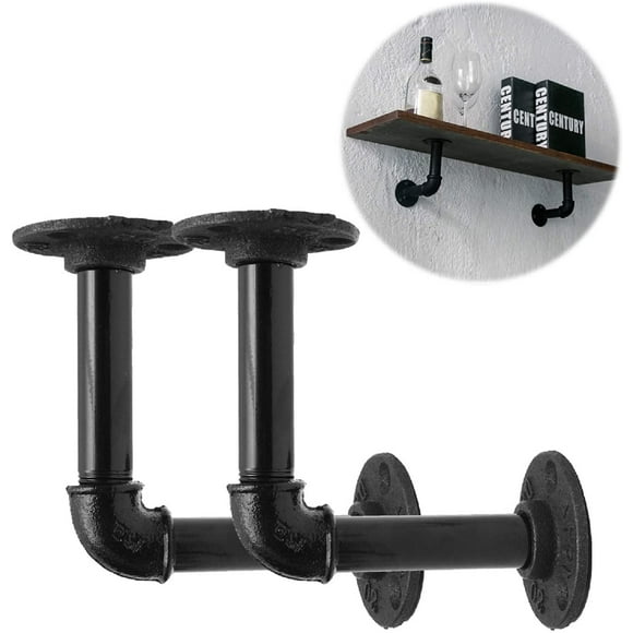 2PCS 15x8cm Shelf Brackets Shelving Bracket Industrial DIY Black L Pipe Bracket for Farmhouse Heavy Duty Iron Metal Rustic Pipe Shelf Brackets for Floating Shelves DIY Shelf 2PCS