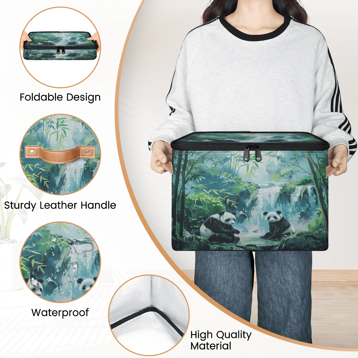 ADECORIVY Cute Panda Storage Bin with Lid Fabric Forest Bamboos Leaves Foldable Storage Baskets Boxes for Clothes Shelves Closet Organizer Containers with Leather Handles for Wardrobe