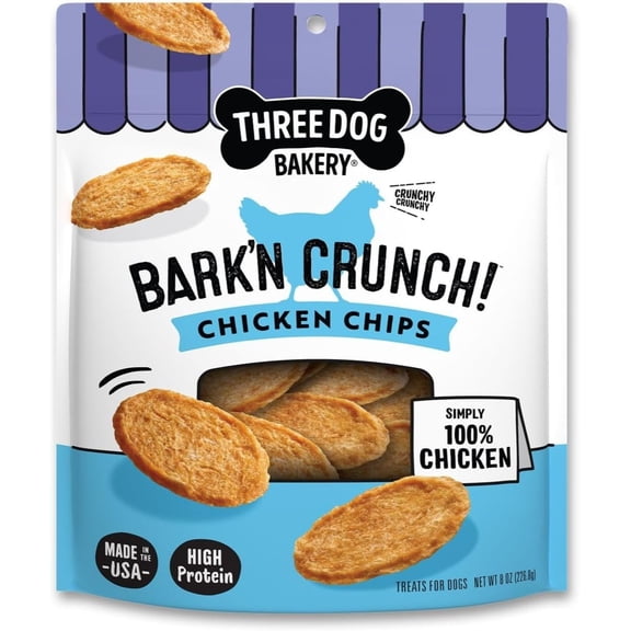 Three Dog Bakery Bark'n Crunch! Chicken Chips with 100% Real Chicken 8oz - High Protein Dog Treats