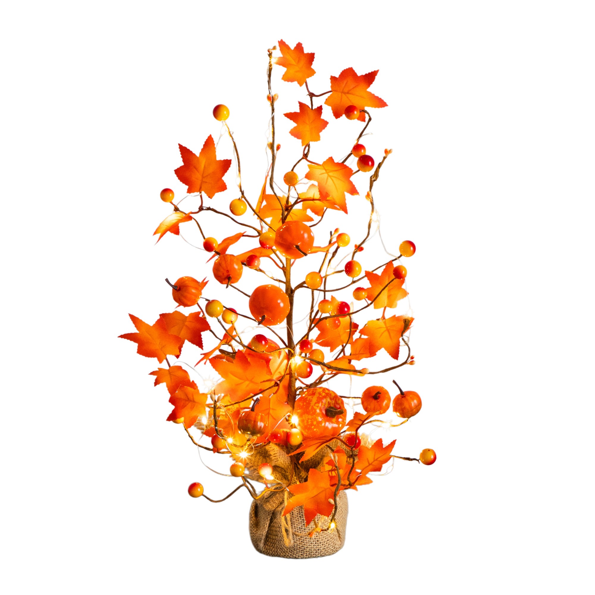 Nearly Natural 18in. Pre-Lit Artificial Maple Tree with Pumpkin Ornaments and 30 LED String Lights in Burlap Wrapped Base