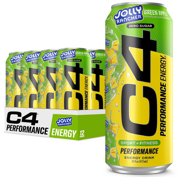 C4 Performance Energy Drink, Jolly Rancher Green Apple Flavor, Zero Sugar, Carbonated, 16 oz can (12 Pack)