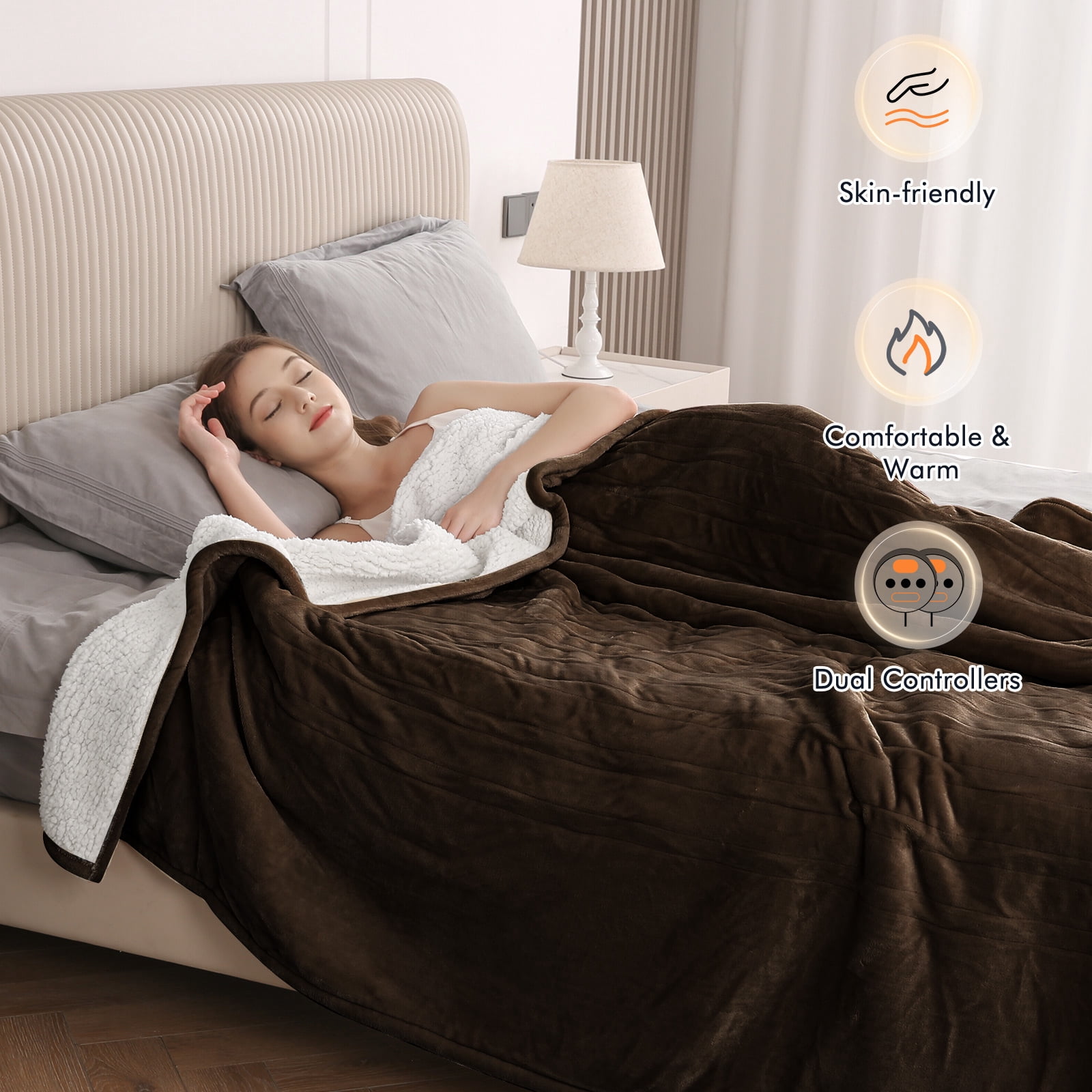 MARNUR Heated Blanket Queen Size 84''x90'', Fast Heating with Dual Controllers Electric Blanket, 10 Heating Levels, 10H Timer, Preheat Function - Brown