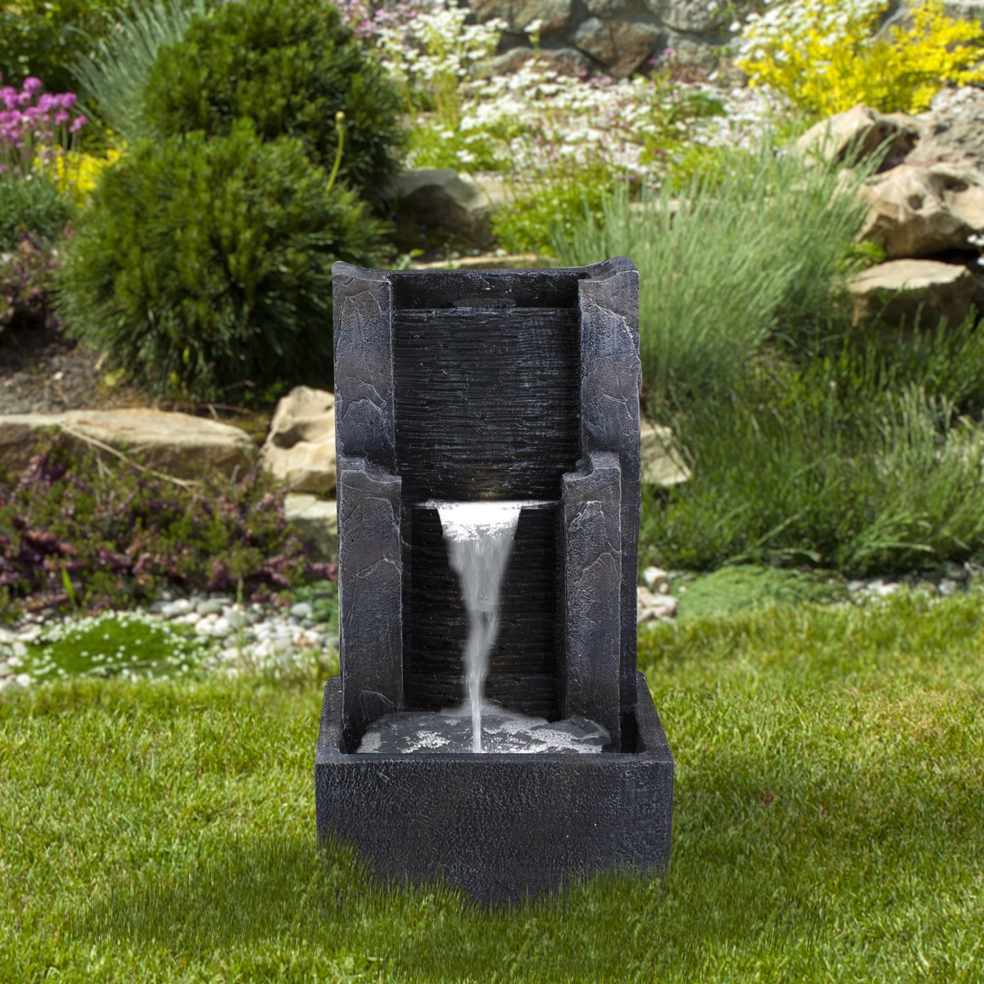 Northlight 23.5" Black and Gray Modern Lighted Three-tier Outdoor Garden Water Fountain