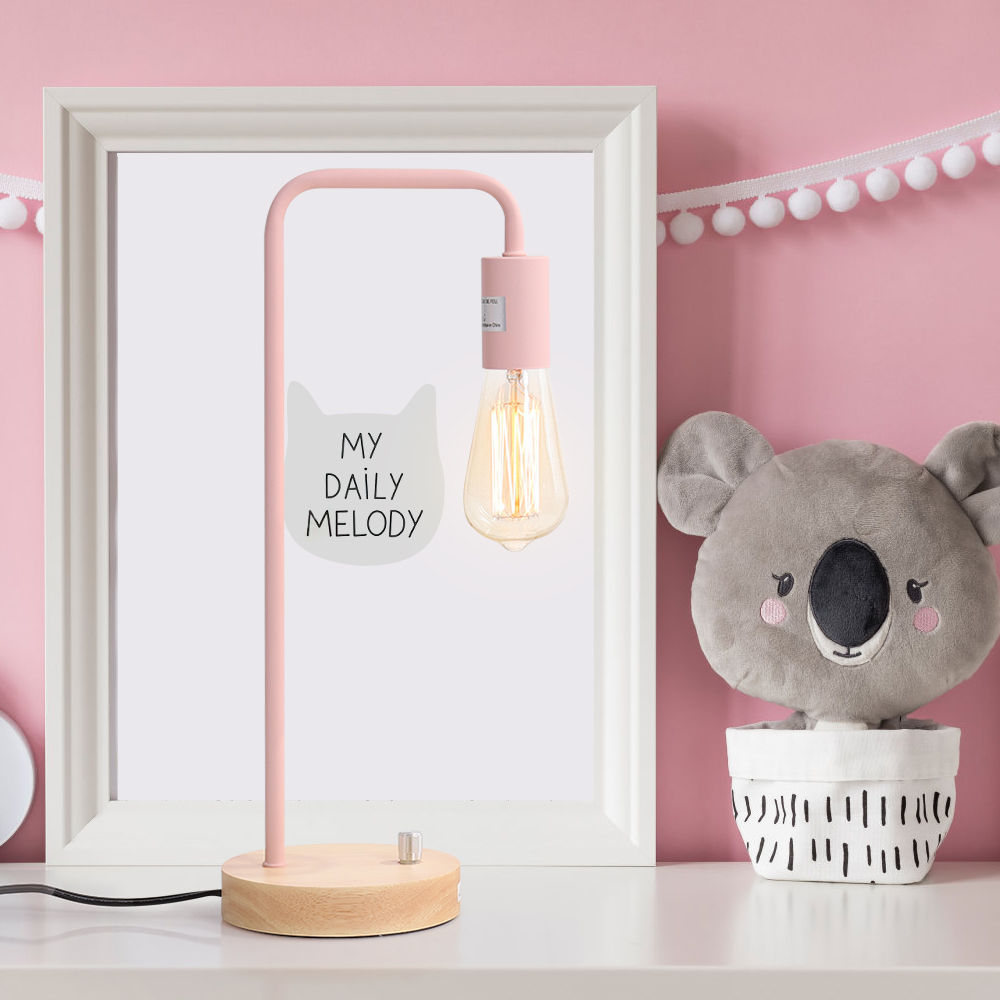 Edison Industrial Table Lamp, Wooden Base with Metal Frame with Rotary Switch - Pink