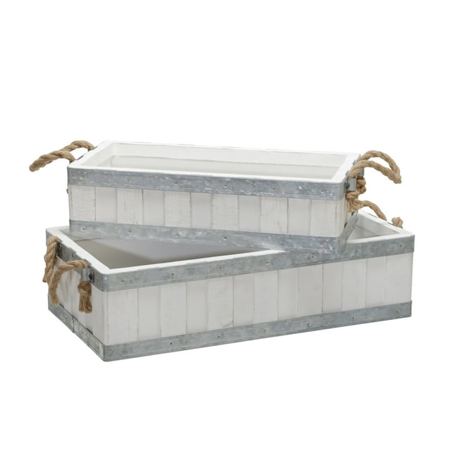 Sagebrook Home Set Of 2 16/19" Wooden Trays With  Rope Handles, White, Rectangle, Wood, Transitional, 19"L X 10"W X 5"H, Solid Color