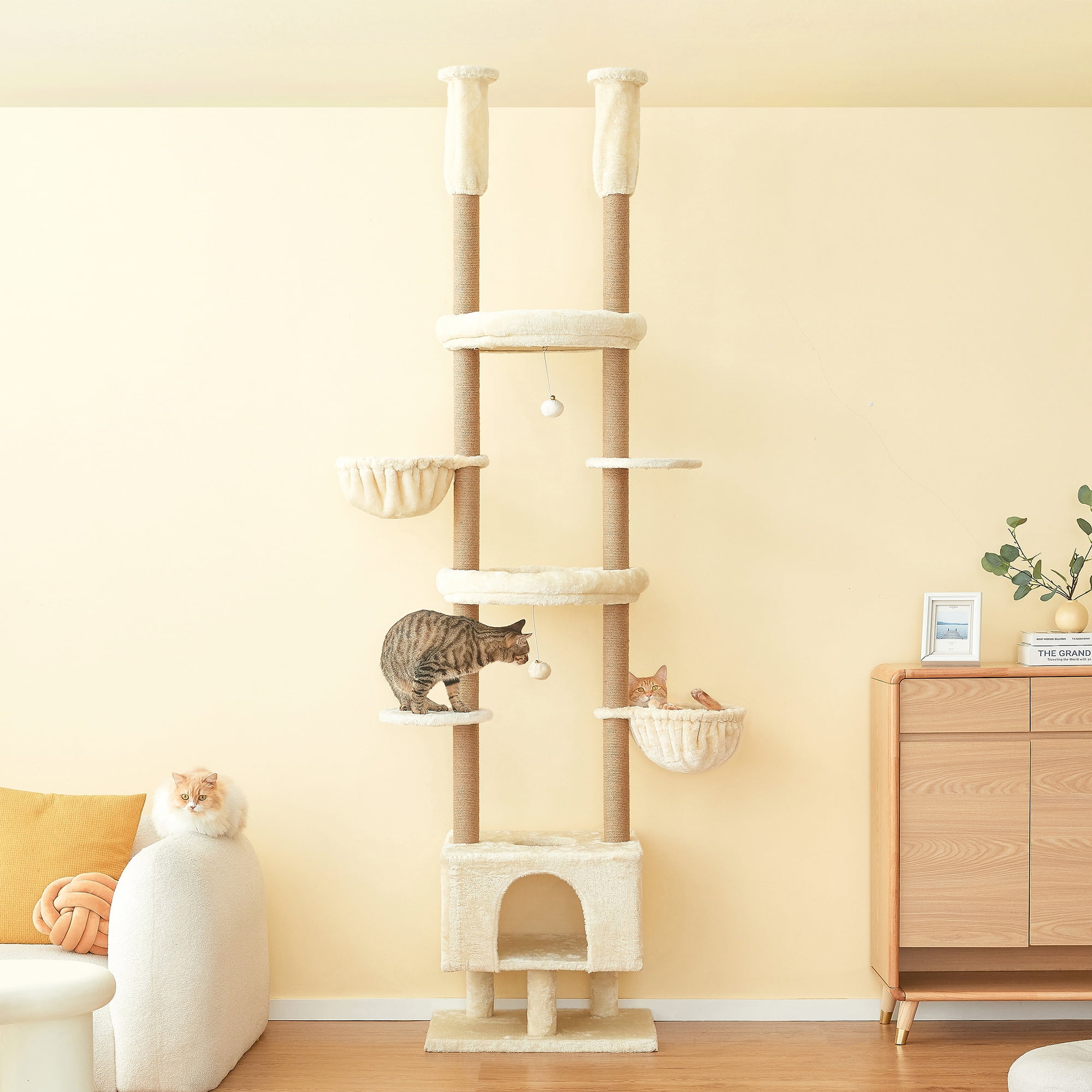 Furcato Cat Tree, Floor to Ceiling Cat Tower Adjustable Height [92.9-102.4 in=235-258cm], 7 Tiers Cat Climbing Play House with Fully Sisal Scratching Post, Beige