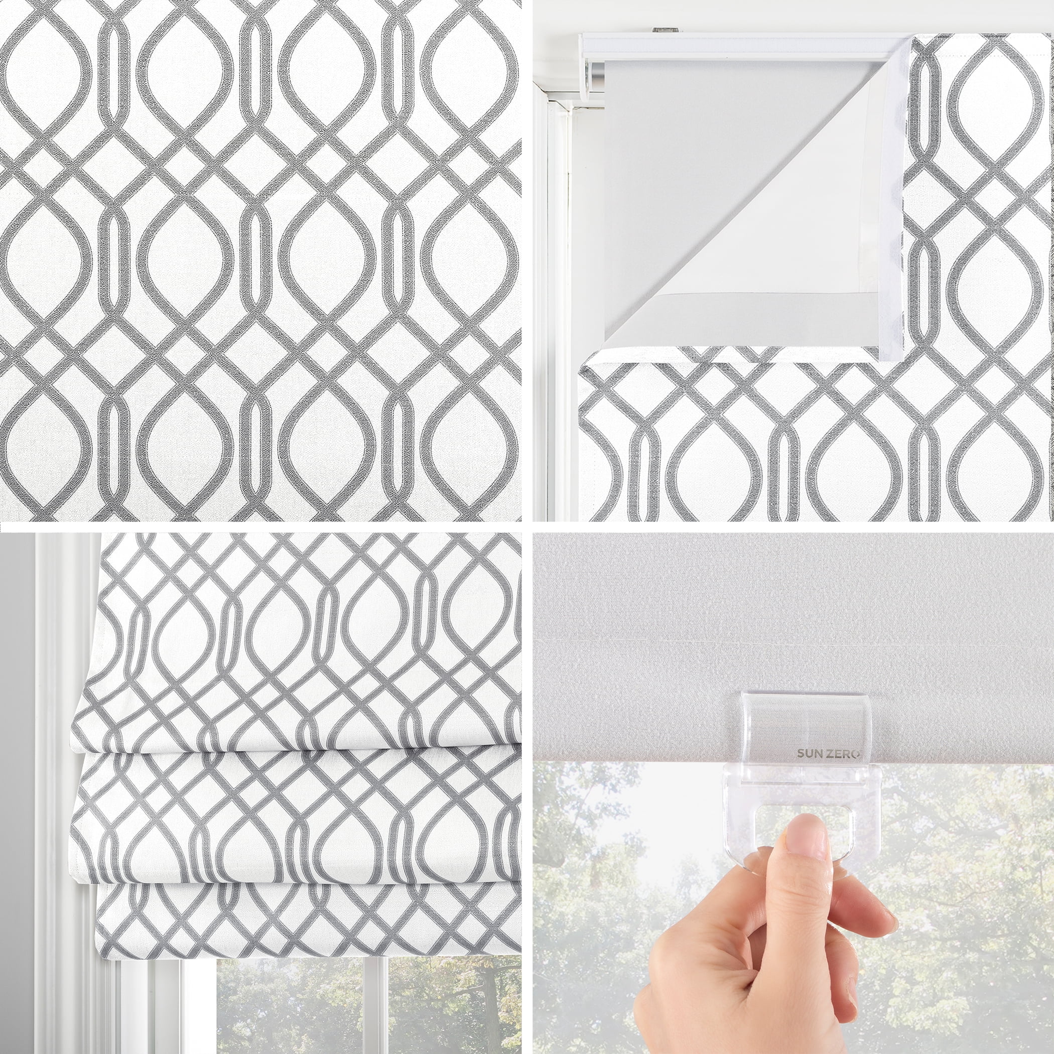Sun Zero Detour Modern Trellis 100% Blackout Cordless Roman Shade, 27"x64", White