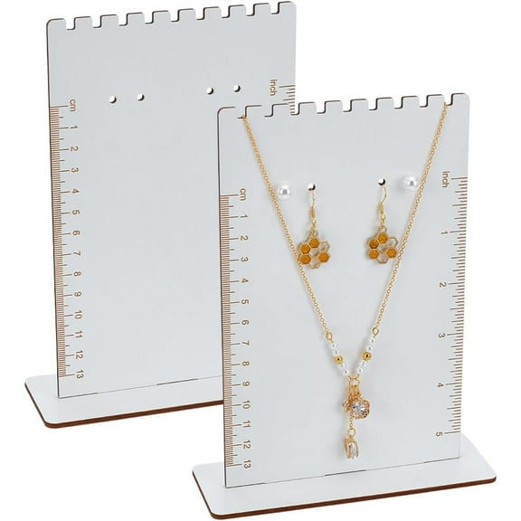 2 Pcs Earring Measurement Display Stand with Scales 1.97x5.51x7.20 inch White Wood Earring Organizer Display Stands Measurable Length Earring Display Stand Earring Retail Display Stand