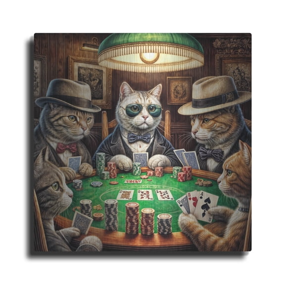 Luxe Metal Art 'Cats Playing Poker' by Rey Klimt Metal Wall Art, 12" x 12"