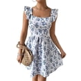 thumbnail image 2 of Women Floral Mini Dress Square Neck Ruffle Shoulder Back Tie A Line Sundress Blue & White. L, 2 of 9