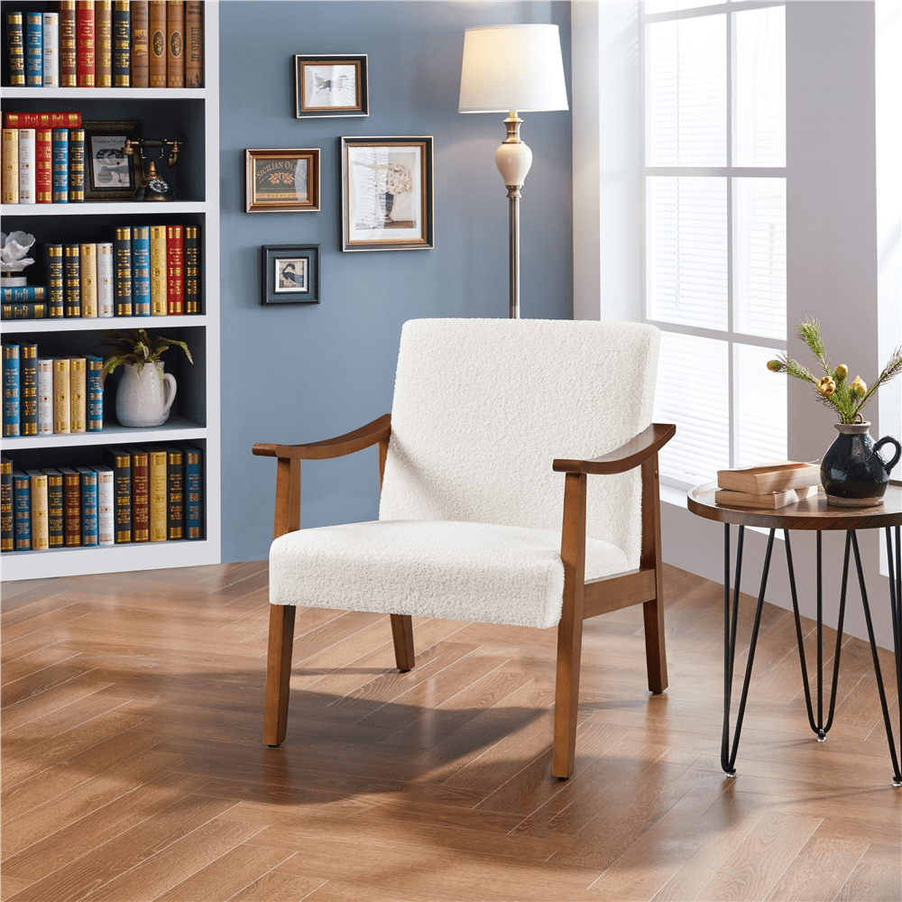 Alden Design Mid-Century Modern Accent Chair with Wooden Frame, Ivory Boucle Fabric