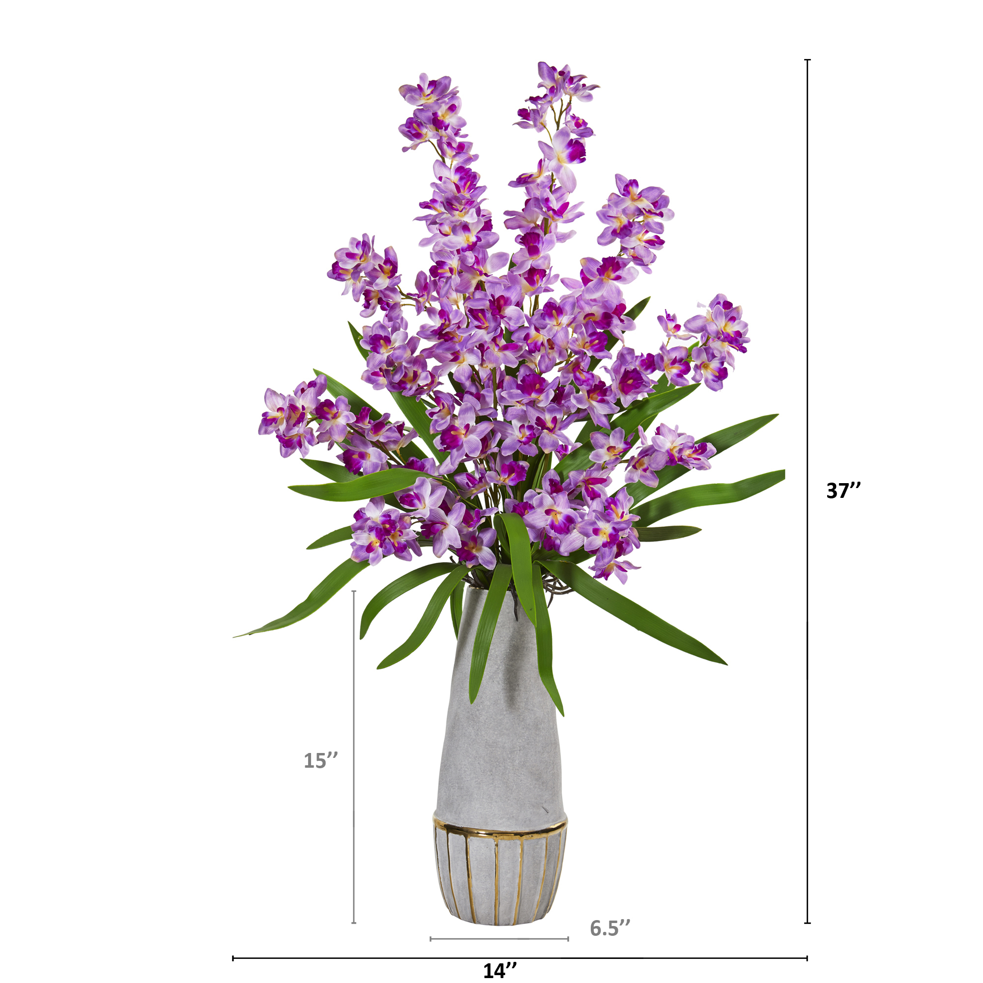 Nearly Natural 37in. Orchid Artificial Arrangement in Stoneware Oval Vase with Gold Trimming
