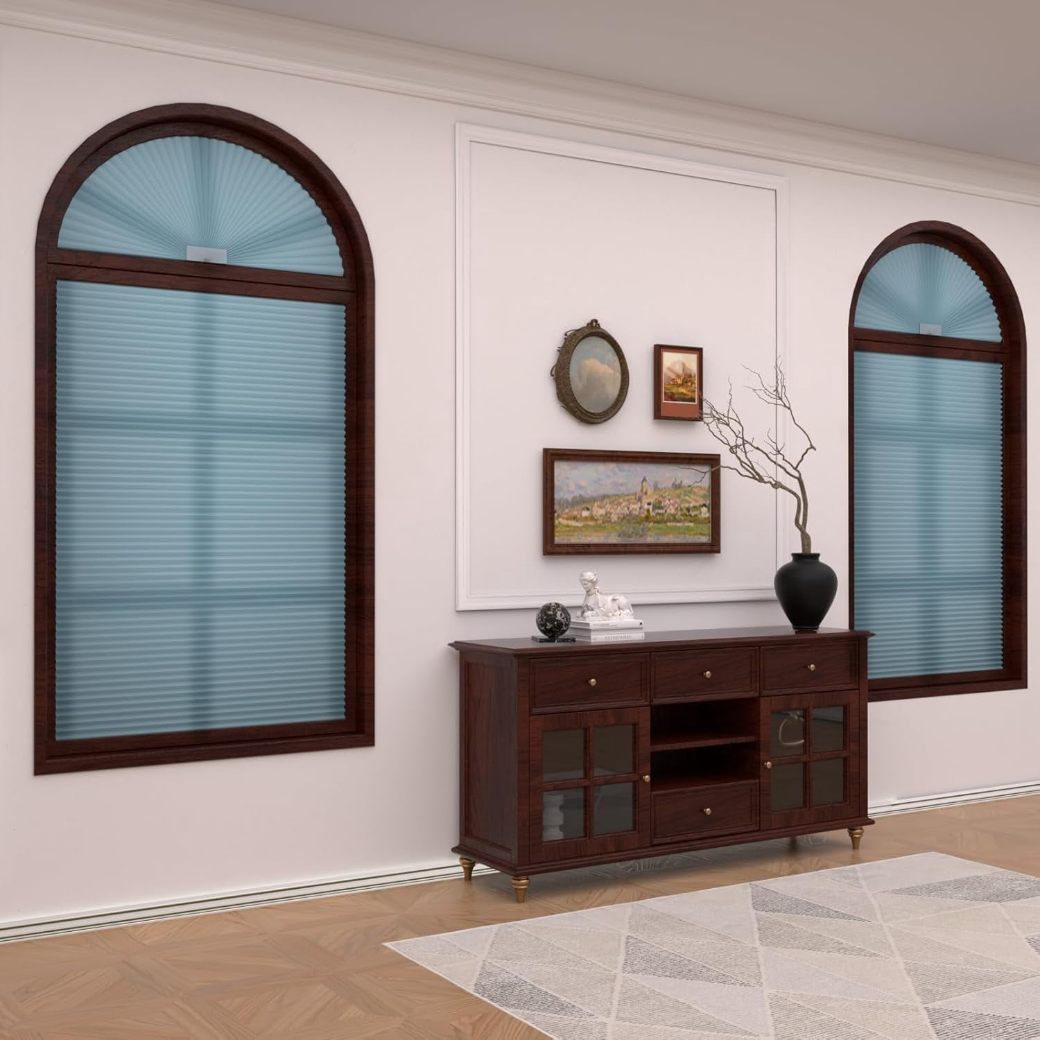 Arch Window Shades Half Circle Light Filtering Cellular Shades Cordless No Drill Blinds for Windows Half Moon Honeycomb Fabric No Tools Shades Easy Install (1PCS Blue 72" W X 36" H)