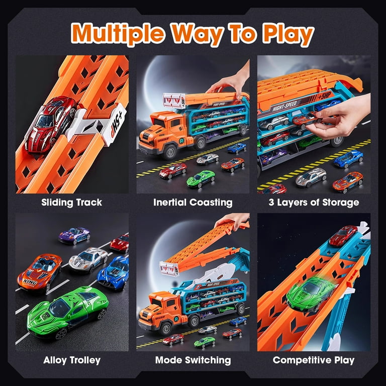 Hot Bee Car Carrier Truck Toys, 2.8-ft Foldable Race Track, 6 Die