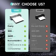 Thermal Printer, 2600mAh Battery, 300 dpi Wireless Printer Support US Letter & A4 for Travel, Inkless Portable Bluetooth & USB Printer, Compatible with IOS Android MacOs Windows