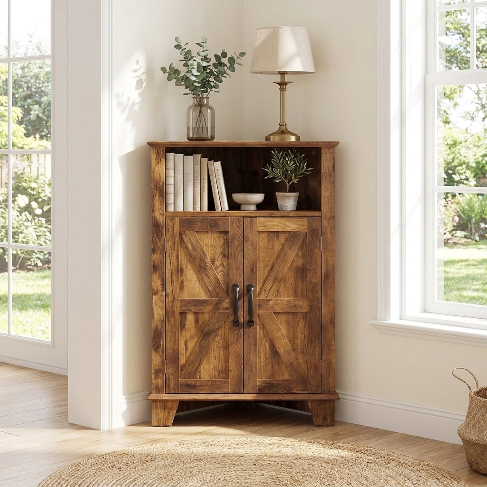 Furnibear 4 Tier Corner Accent Cabinet with Doors Open Shelf and Adjustable Storage for Kitchen Living Room and Entryway, Rustic Brown