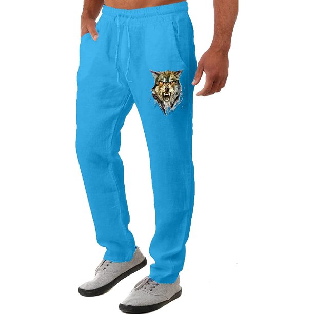 Pantalones casuales de lino para hombre, color liso, estampado de pájaros, ligeros, sueltos, cintura baja, elásticos, con cordón, para playa, yoga 040-azul XL 040-azul XL Xishao ropa