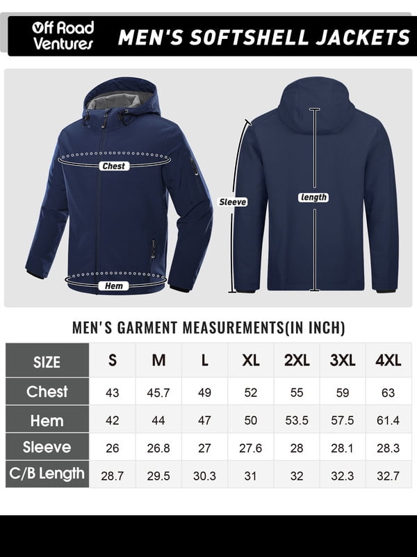 Off Road Ventures Men's Lightweight Softshell Jacket with Hood Waterproof Fleece Lined Windbreaker Outdoor Coat for Hiking