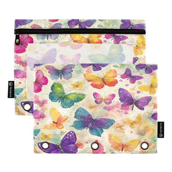 2 Pack 3 Ring Binder Pouch with Clear PVC Window Water Resistant Zipper Pencil Pouch Vibrant Splash Butterfly Pattern Binder Pocket for Classroom Office Home Stationery Organization