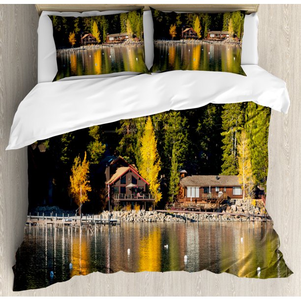 Lake Tahoe Duvet Cover Set, Carnelian Bay Photography Log Cabin in the Woods Holiday Destination
