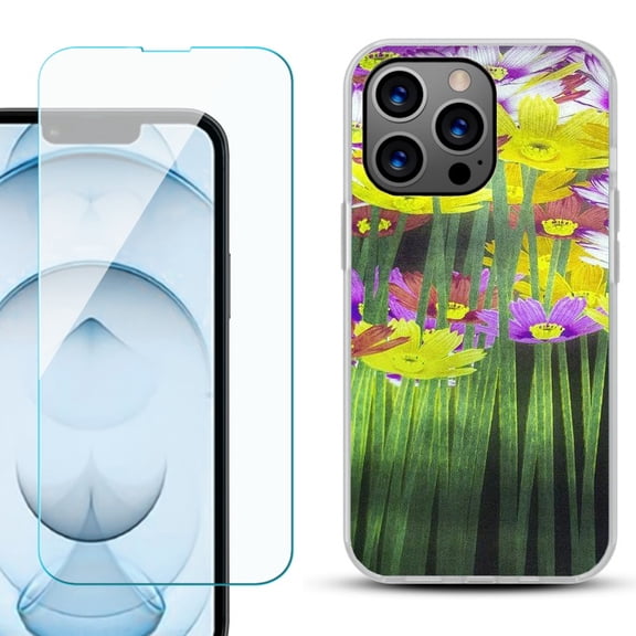 Slim-Fit Gel TPU Phone Case for iPhone 13 Pro Max, with Tempered Glass Screen Protector, by OneToughShield ® - Dream Flower
