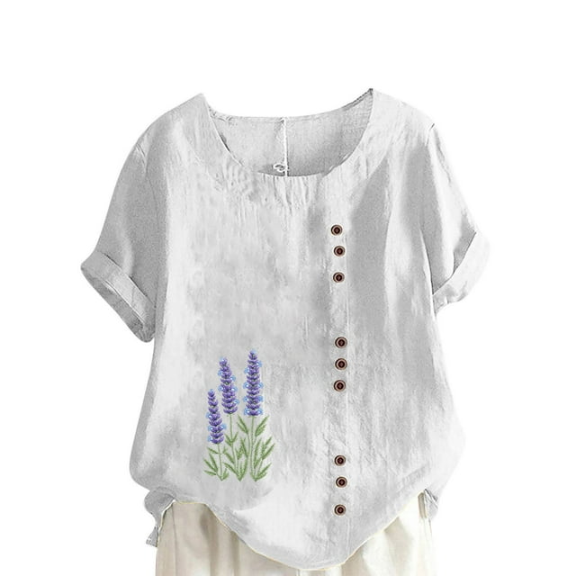 Vestidos Casuales Para Mujer, Blusas De Mujer De Moda Blusa tipo túnica informal de lino con estampado de peces del océano y botones de manga corta para mujer