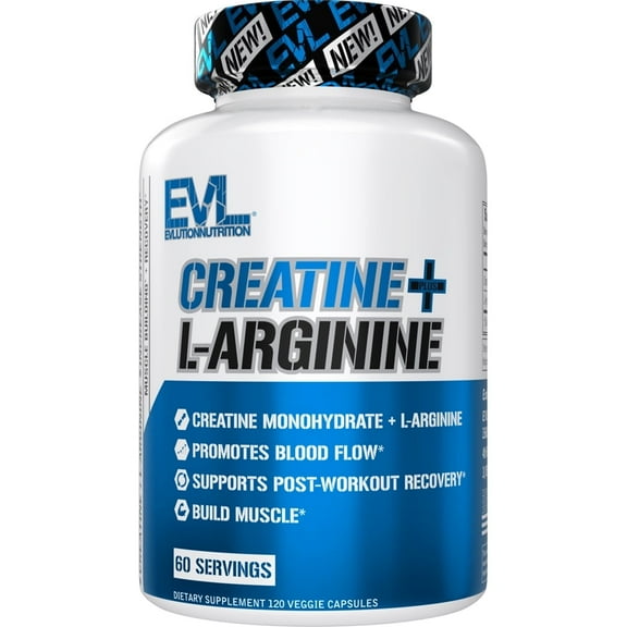 Evlution Nutrition Creatine   L-Arginine - Supports Blood Flow, Post-Workout Recovery & Lean Muscle Growth - 500mg Creatine Monohydrate & 500mg L-Arginine Per Serving -60 Servings-120 Veggie Capsules