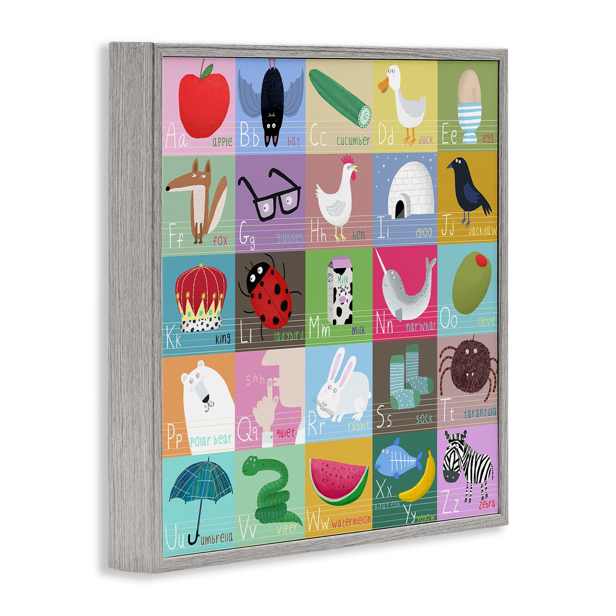 Stupell Industries Alphabet Learning First Words Gray Framed Giclee Art, design by Carla Daly