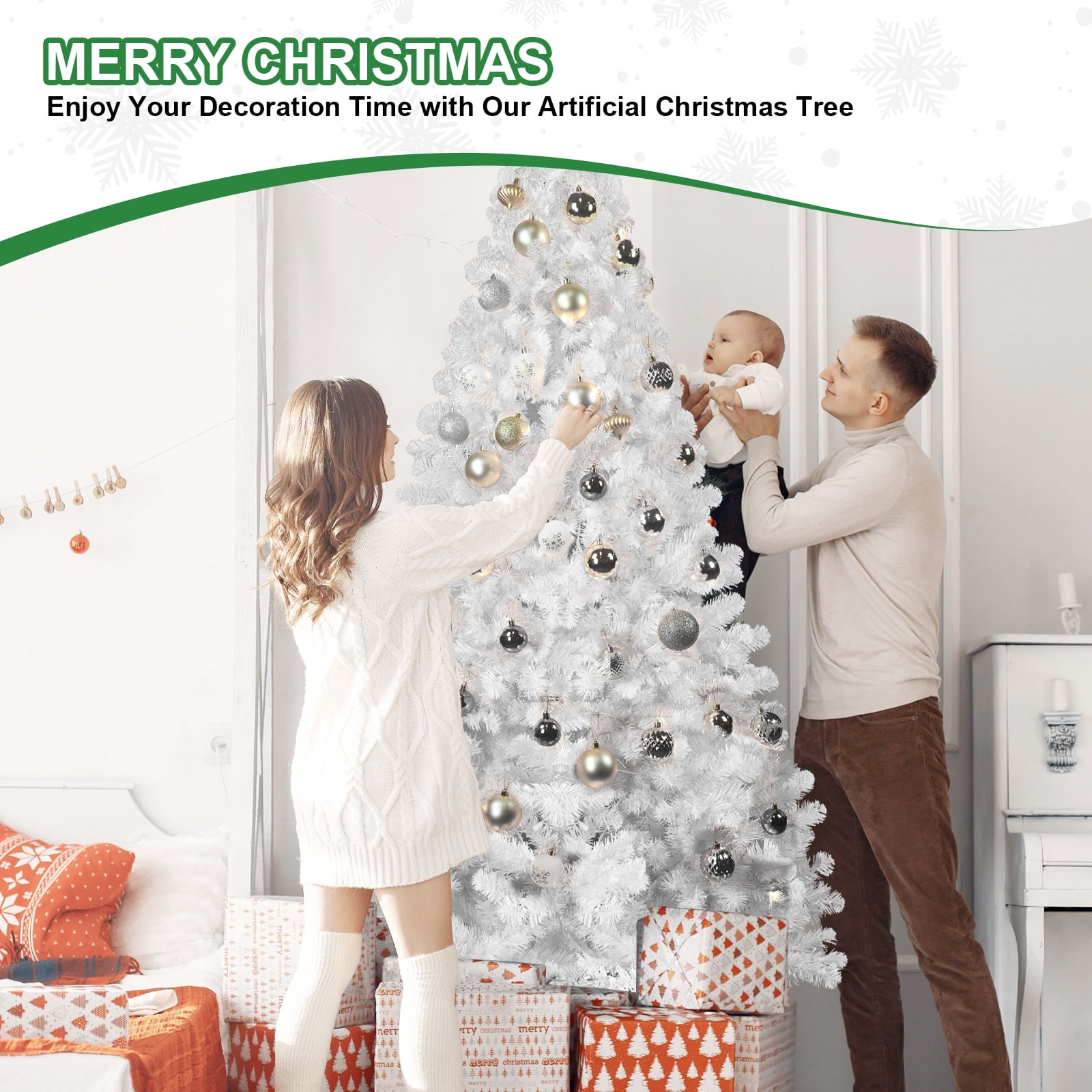 Euroco 9ft White Christmas Tree with Memory Wire, 1910 Tips Hinged Artificial PVC Tree, Easy Assembly Holiday Xmas Tree for Indoor Decor (Ornaments Not Included)