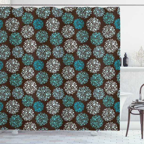 Brown and Blue Shower Curtain, Dots Forming Oval Shapes Retro Style Abstract Geometric Vintage