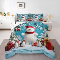 Homewish Kawaii Polar Bear Bedding Comforter Set for Kids, Antarctic Penguin Animal Twin Comforter Sets, Merry Christmas Reversible Bedding Set, Microfiber Bedroom Decor, 2pcs