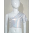 thumbnail image 2 of YUUMIN Kids Girls Boys Jazz Hip-hop Dance Top One Shoulder Metallic Crop Top T-Shirt Stage Silver 110, 2 of 5