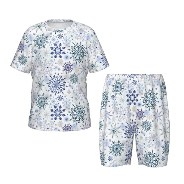 Balery Retro ice blue snowflakes Conjunto de Pijama Infantil de Manga Corta con Estampado – Ropa de Dormir de Algodón Suave-Medium