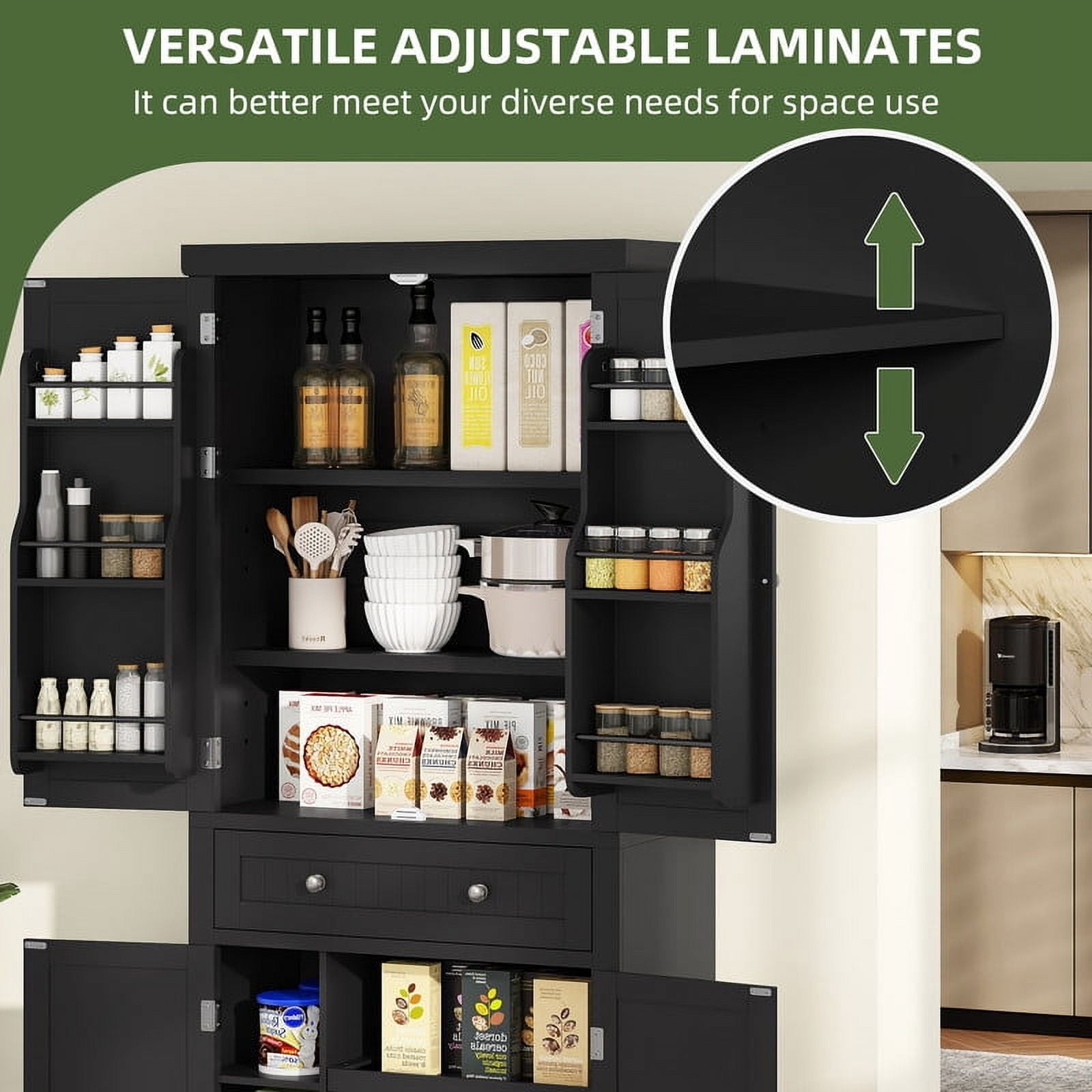 Uforic 72'' Tall Kitchen Pantry Cabinet with Drawer, 4 Door Pantry Storage Cabinet with Adjustable Sliding Shelve, Freestanding Buffet Cupboards, Food Pantry Cabinet for Dining Room, Kitchen, Black
