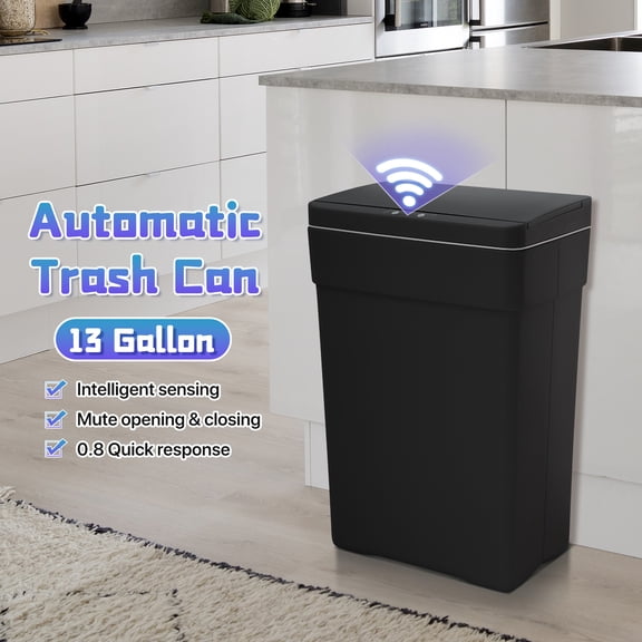 Kitchen Trash Can Automatic Sensor Plastic Garbage Can, Anti-Fingerprint Mute Designed Bin with Lid, Waste for Bathroom Bedroom, 13 Gallon / 50 Liter (Black)