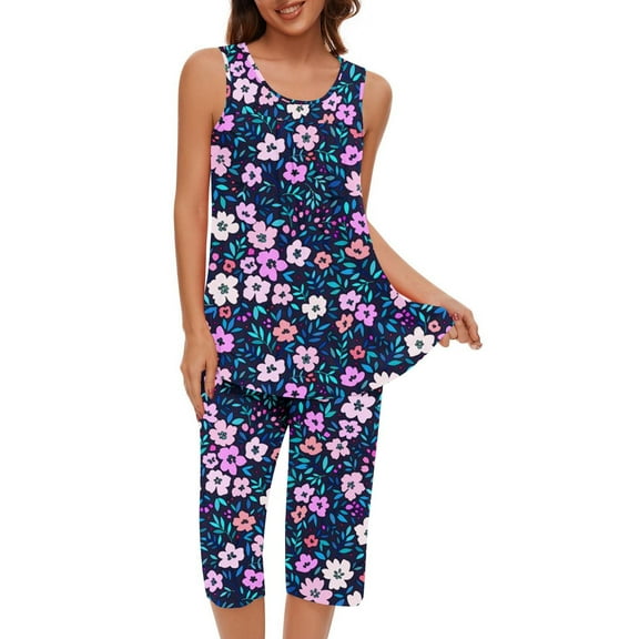 Tnhcen Women's Casual Printed Sleepwear Set Sleeveless Crew Neck Top   Capri Pants Soft & Cozy Perfect for Home/Relaxing S-2XL