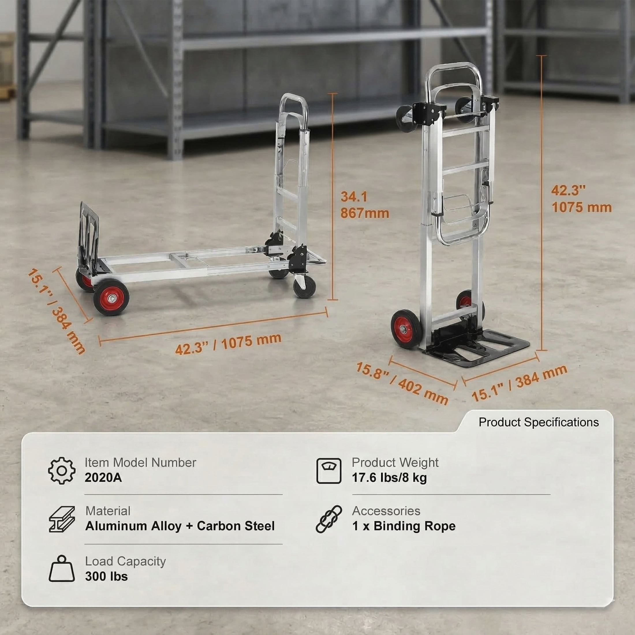 Aluminum Folding Hand Truck 2 in 1 Design - 400 lbs Capacity, Heavy Duty Industrial Collapsible Cart, Dolly Cart with Rubber Wheels for Transport and Moving in Warehouse, Supermarket, Garden - 1 Piec