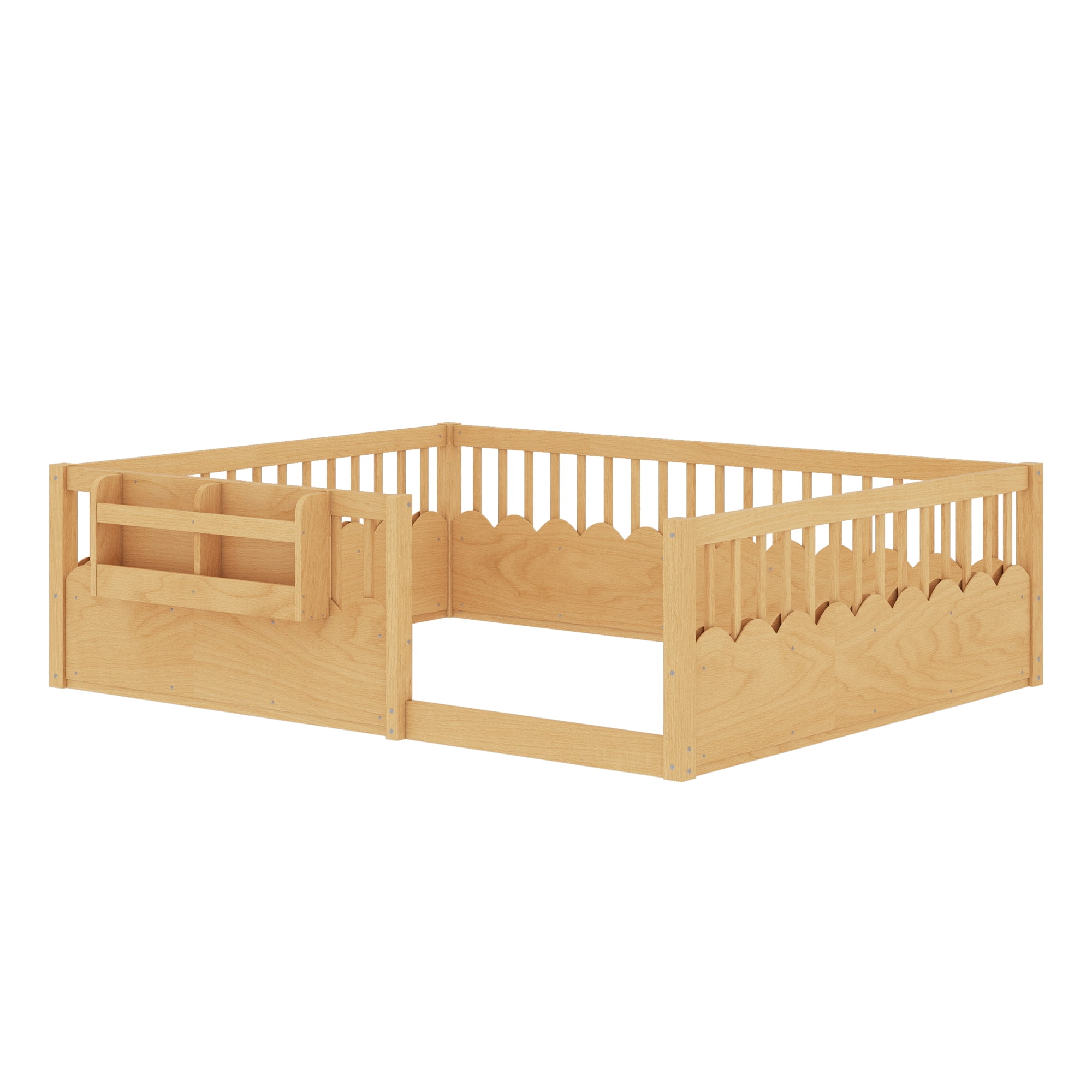Mintazer Queen Montessori Floor Bed with Bookshelf & Heightened Fence, Kids Wood Floor Bed for Boys and Girls, Natural