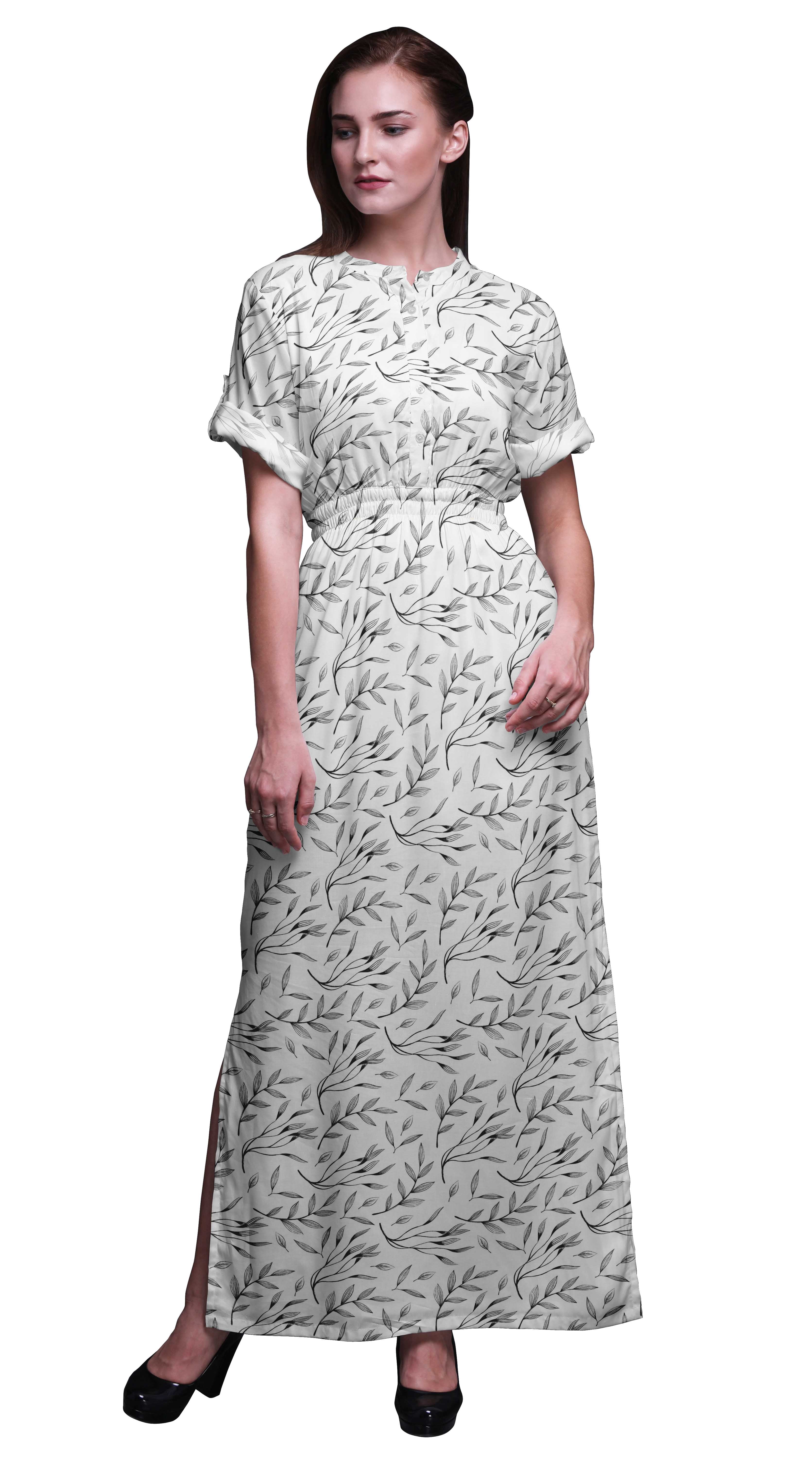 Bimba Rayon Curry Leaves Printed Womens Long MaxiDressGown With Side Slit-XSmall