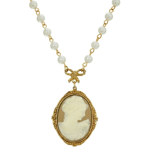 1928 Jewelry Women's Taupe Cameo White Round 6mm Faux Pearl Strand Pendant Necklace 16" 3" Extender