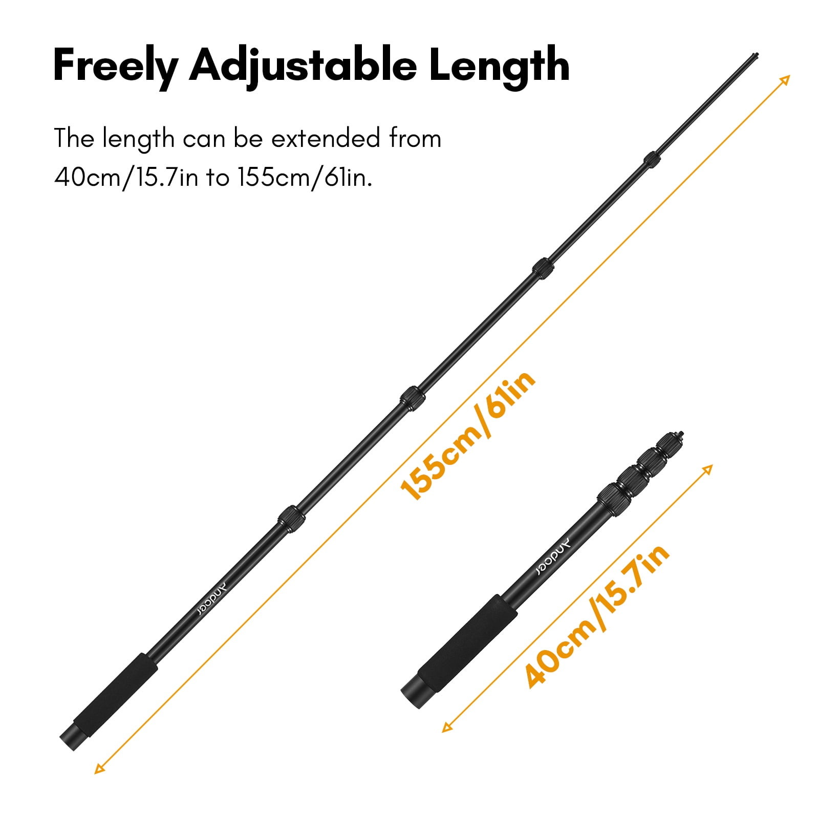 Andoer Extendable Handheld Microphone Boom Arm, 5-Section Aluminum Alloy Pole with 1/4 Inch Screw & Thread, Foam Grip, Locks, Adjustable Length 40cm-155cm/15.7in-61in